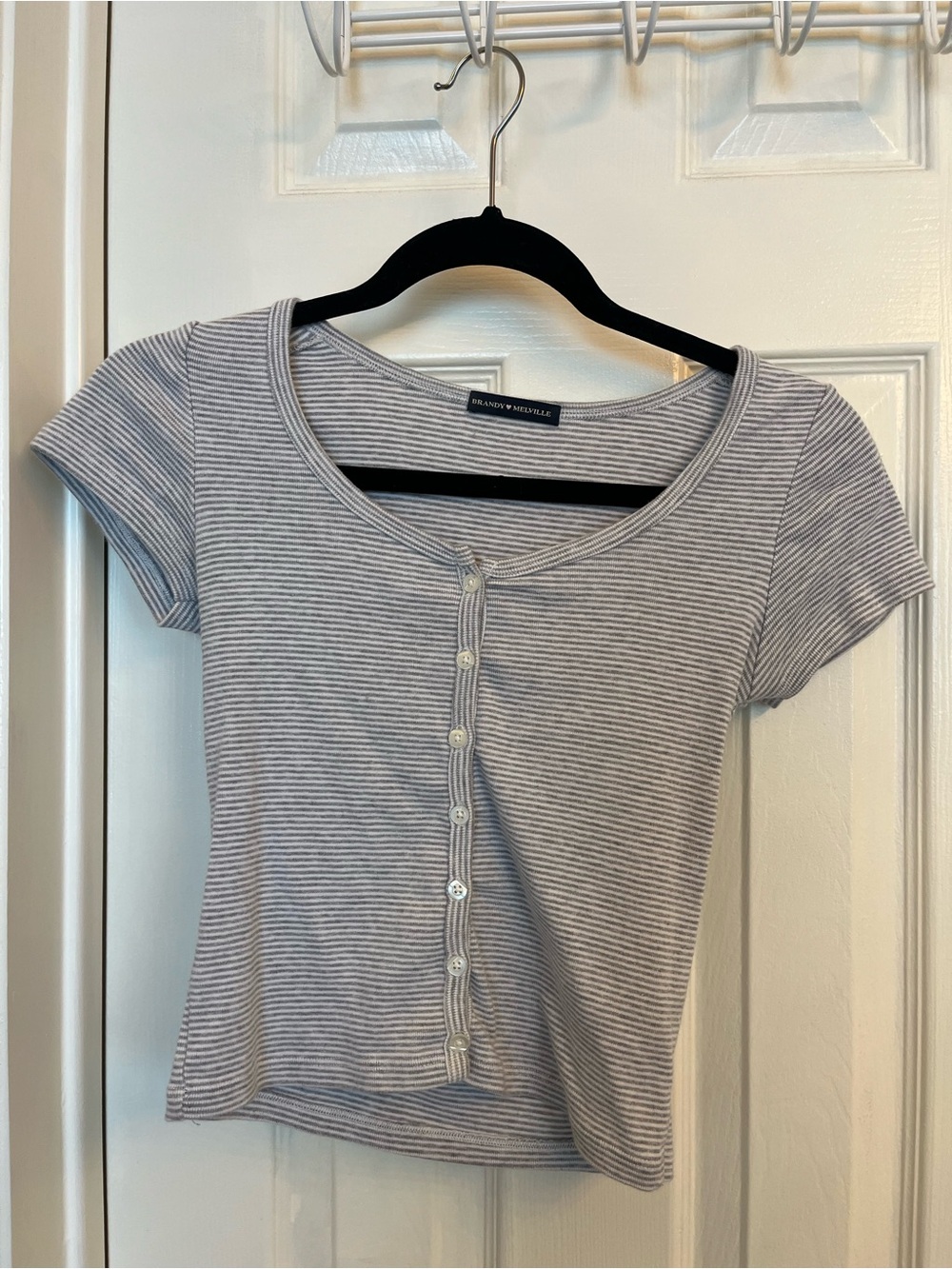 Brandy Melville Gray and White Striped Button-Front Crop Top